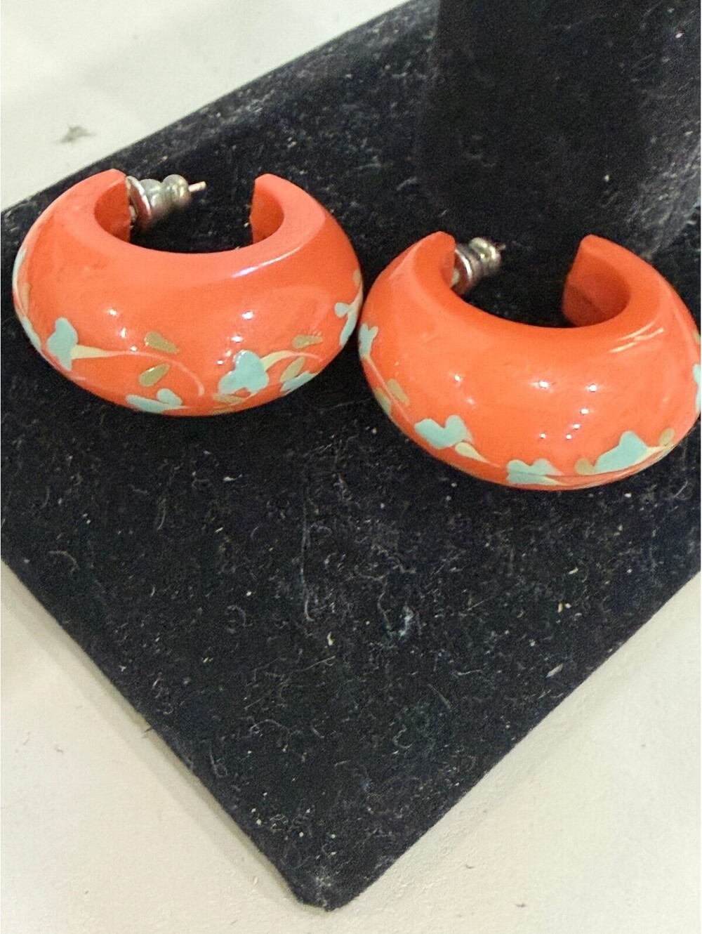Vintage Orange Enamel Floral Hoop Earrings